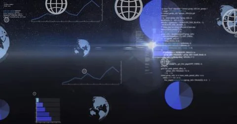 Displaying central data cluster floating in virtual space, with wireframe globes Stock Illustration