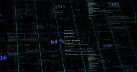 Displaying central data cluster pulsing within virtual dashboard showing code, 스톡 사진