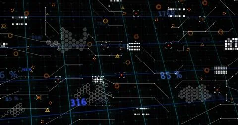 Displaying central data cluster in virtual dashboard, linking hexagonal cells Stock Illustration