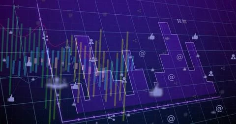 Displaying central data on dark purple 3D grid with stepped histogram, candles, Stock Illustration