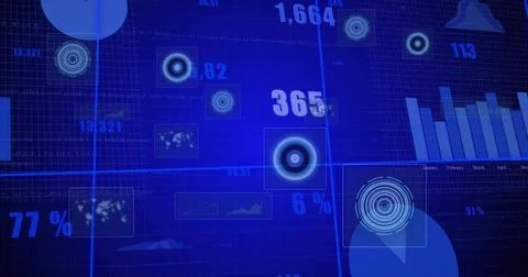 Displaying central data dashboard glowing on dark grid, with targets numeric  Stock Illustration
