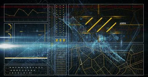 Displaying central data display pulsing on virtual HUD, with line chart, gauges Stock Photos