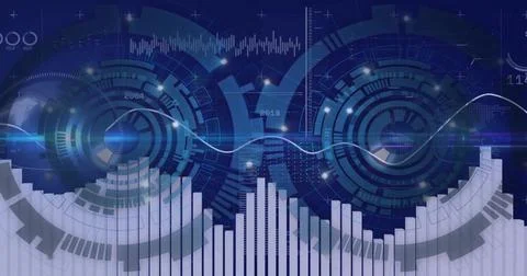 Displaying central data display showing two circular HUDs and glowing waveform Stock Photos