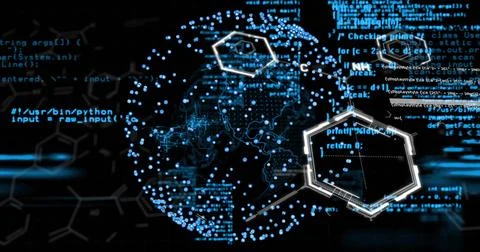 Displaying central data globe pulsing in virtual UI, with hex HUD, Python code, Stock Photos