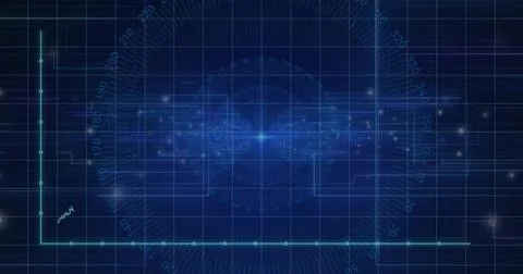 Displaying central data hub glowing within virtual interface, with protractor Illustrazione stock