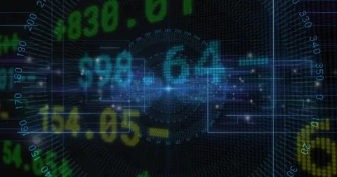 Displaying central data hub illuminating numeric values in virtual dashboard, 스톡 일러스트