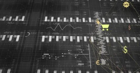 Displaying central data map on dark grid plane, showing bar charts, line graphs Illustrazione stock