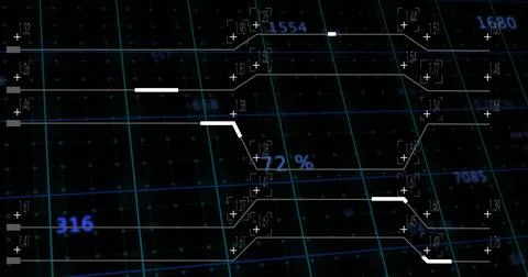 Displaying central data network in virtual interface, with 3D grid, numeric 写真素材