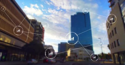 Displaying central data node overlay showing bar icon over city intersection, Stock Photos