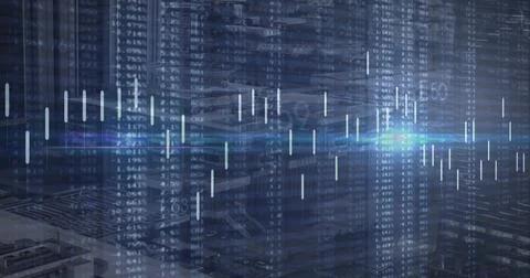 Displaying central data overlay over urban rooftop, with candlesticks, numeri Stock Photos