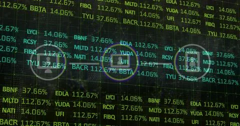 Displaying central data panel on dark screen, showing tickers, percents, grid, Stock Illustration