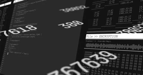 Displaying central data panel in dark terminal with blurred numerals, File Stock Illustration