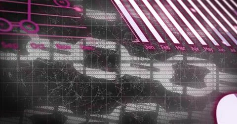 Displaying central data panel showing numeric streams, network graph, neon-pink Stockillustratie