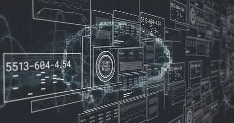 Displaying central data panels and wireframe cloud path in virtual 3D grid, with 스톡 사진