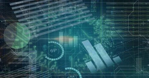 Displaying central data visualization in futuristic control room, with bar gr Illustrazione stock