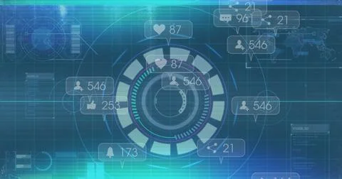 Displaying central data visualization on screen, with social metric icons and Illustrazione stock