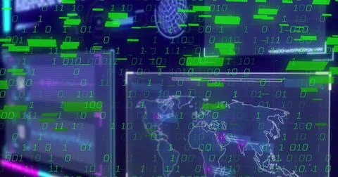 Displaying central digital data screen streaming binary code in tech control 写真素材