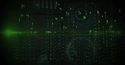 Displaying central digital HUD streaming over virtual interface, showing neon Stock Illustration