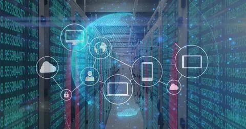 Displaying central digital network overlay spanning data center aisle, with Stockfoto's