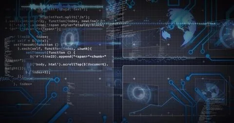 Displaying central digital UI overlay at virtual dashboard, with code blocks, Stock Illustration