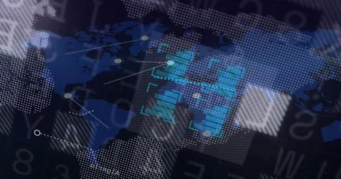 Displaying central digital world map graphic floating in virtual interface, with 스톡 사진