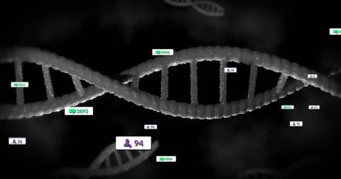 Displaying central DNA double helix in dark digital environment, with floatin 스톡 일러스트