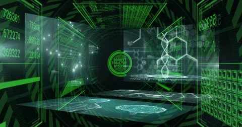 Displaying central DNA helix floating in virtual control room, with glowing Stock Photos