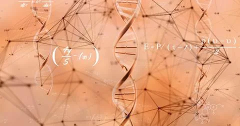Displaying central DNA helix intertwining on peach gradient with digital nodes, Stock Photos