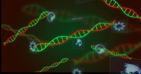 Displaying central DNA helix moving in biotech UI, with holographic globe gea 스톡 일러스트
