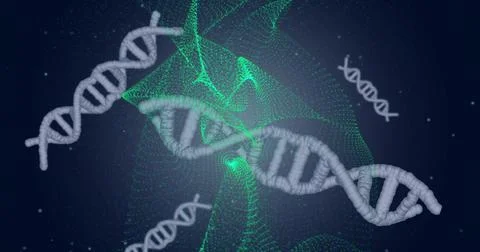 Displaying central DNA helix rotating in abstract scene, with green mesh ribbons Stock Illustration