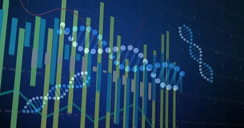 Displaying central DNA helix in virtual data display, combining bar charts and 스톡 일러스트