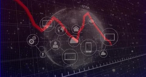 Displaying central dotted 3D globe crossing red trend line on dark dashboard, Illustrazione stock