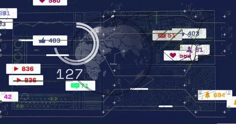 Displaying central dotted globe HUD on navy blueprint, showing badge icons and Stock Photos