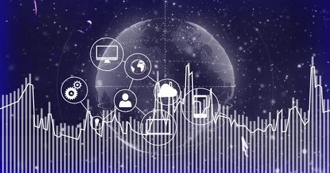 Displaying central dotted globe linking tech icons in data hub, with line graph 스톡 일러스트
