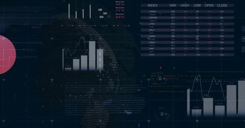 Displaying central dotted globe map over dashboard at dark screen, showing bar Stock Photos