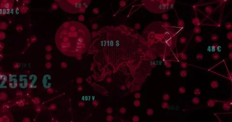 Displaying central dotted globe pulsing in digital space, showing large currency Illustrazione stock