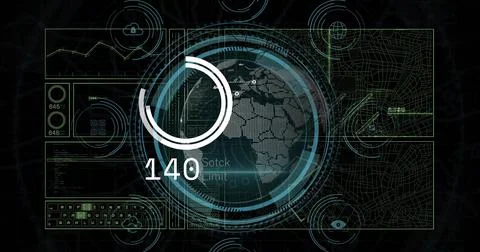 Displaying central dotted globe rotating amid concentric HUD rings on dark Stock-Illustration