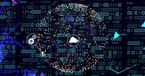 Displaying central dotted globe rotating in virtual network, with cloud, gear Stockillustratie