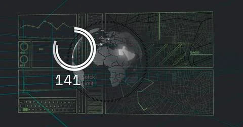 Displaying central dotted globe showing circular progress ring on command-center Illustrazione stock