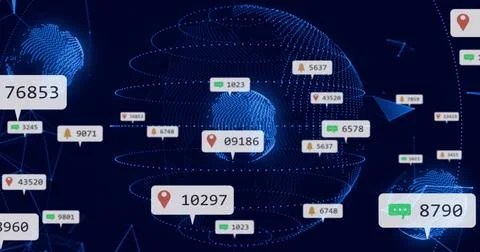 Displaying central dotted globe at virtual dashboard, projecting numeric Stock Photos