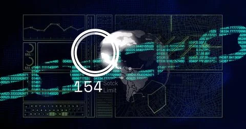 Displaying central dotted globe with white HUD ring and streaming numeric data Stock Illustration