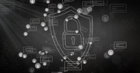 Displaying central dotted-line shield with padlock glowing in virtual Illustrazione stock