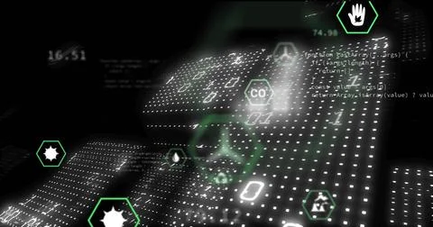 Displaying central dotted panels in cyberspace, showing binary code and neon Stockillustratie