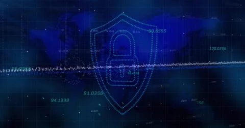 Displaying central dotted shield with padlock icon on virtual grid over world イラスト素材