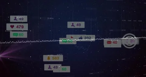Displaying central dotted waveform with floating alert badges on starfield Illustrazione stock