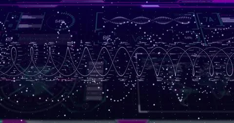 Displaying central dotted waveform on holographic dashboard, with gauge, bar イラスト素材
