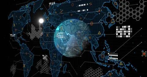 Displaying central Earth globe projecting analytic overlays in virtual HUD, Stock Photos