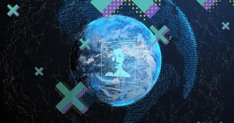 Displaying central Earth globe rotating in data grid, with recognition frame, Stock Illustration