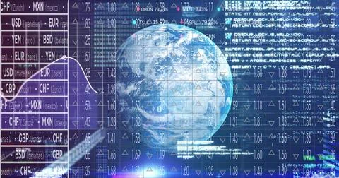 Displaying central Earth globe rotating over market UI, with fx rates, data Illustration