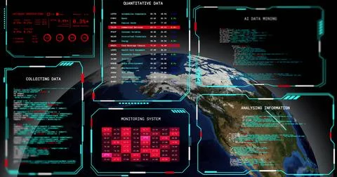 Displaying central Earth globe showing North America in orbit, overlaying HUD 写真素材